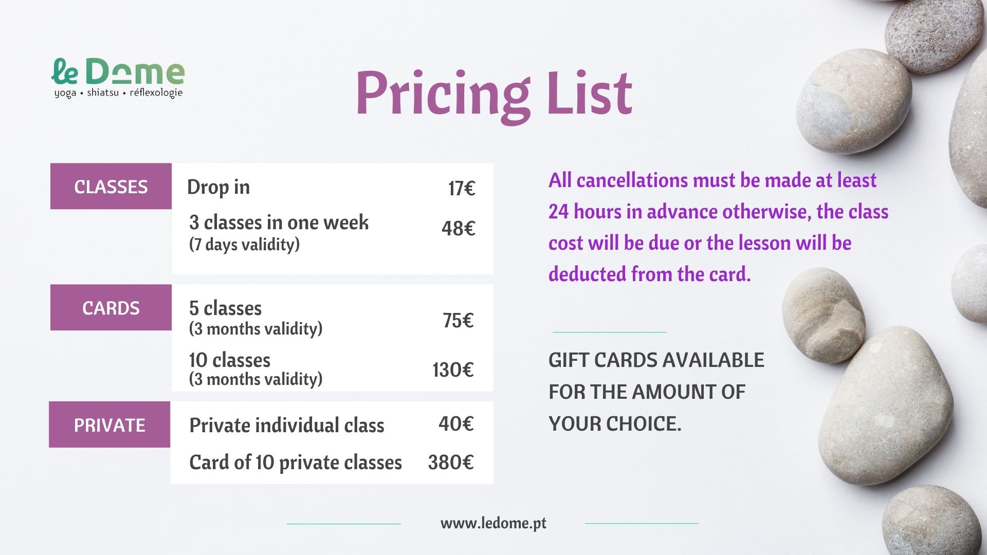 Yoga and Pilates pricing list